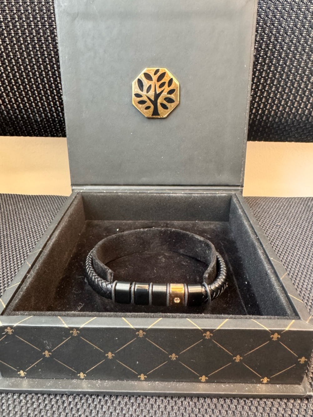 Men's Black Braided Leather Bracelet with Metal Accent